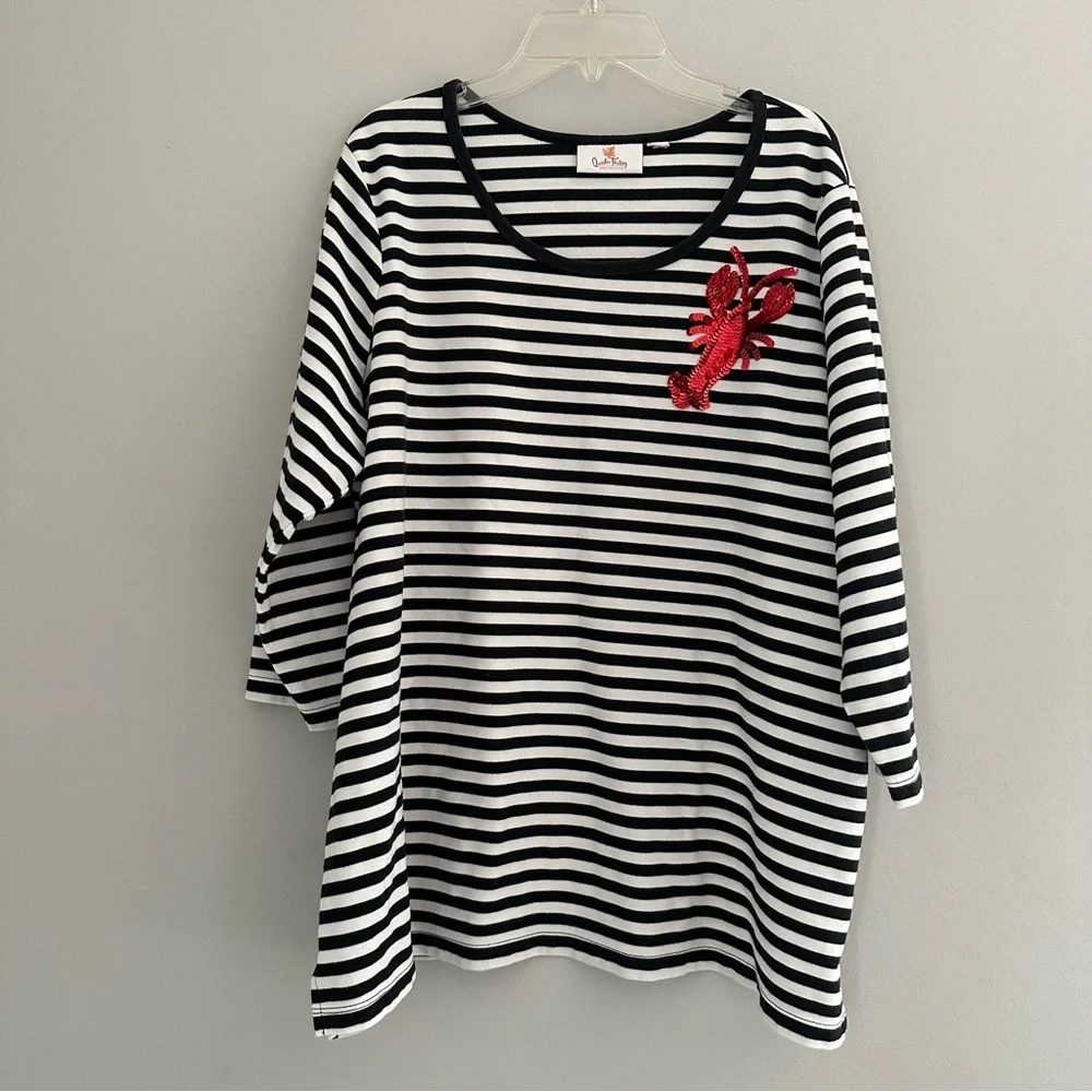 Quacker Factory Black and White Stripe shirt with red sequined lobster - Picture 1 of 4